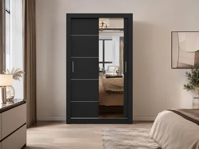 Produktbild von Kleiderschrank OLYO 120 cm Schwarz mit Spiegel, Schwebetürenschrank, Schlafzimmerschrank mit 5 Regalböden und 2 Kleiderstangen