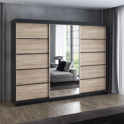 Produktbild von Schwebetürenschrank 200 cm, 3-türig, mit Spiegel & 4 Schubladen, Retro-Stil, Kleiderschrank VILUNO 2 in Schwarz / Sonoma / Sonoma