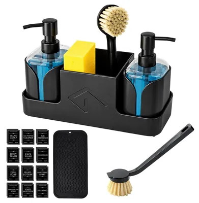 Spülbecken-Organizer-Set mit Seifenspender, Bürste und Schwamm, schwarz