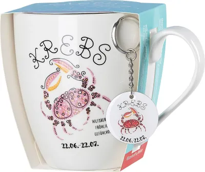 Produktbild von Ritzenhoff & Breker Kaffeebecher Astro Krebs, Sternzeichen Tasse mit Schlüsselanhänger, Porzellan, Bunt, 650 ml, 400199