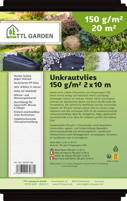 Produktbild von TTL GARDEN Unkrautvlies 20m² 2x10m schwarz 150g/m² Gartenvlies Mulchvlies Folie gegen Unkraut PP-Vlies