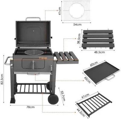 Immagine prodotto di Carrello per barbecue a carbone - Barbecue nero con termometro e vasca regolabile