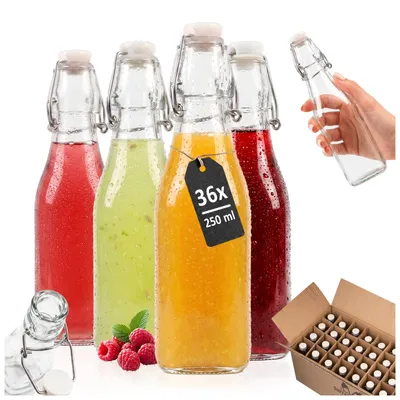 Produktbild von SuperButelki – 36 × Glasflasche QUADRAT 250 ml mit Bügelverschluss für Wein, Säfte und Liköre, Karton, Flaschenset, Swing-Top