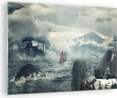 Produktbild von Bilder auf glas - Einteilig - Sturm Berge Segelschiff - 70x50cm - Glasbilder - Wandbilder - Bilder - zum Aufhängen bereit - Wanddekoration aus Glas - Glas Bilder - Wandbild auf Glas - GAA70x50-4208