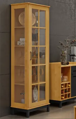 Produktbild von Vitrine mit 1 Tür mit 4 Einlegeböden, hohes Sideboard für Wohnzimmer, Massivholzschrank, 50x40xh180 cm, Eiche