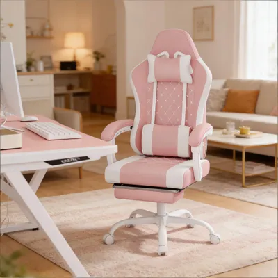 Zdjęcie produktu dla Wygodne, obrotowe krzesło biurowe, ergonomiczne krzesło komputerowe, fotel gamingowy z funkcją masażu (tylko krzesło biurowe) – różowy + biały