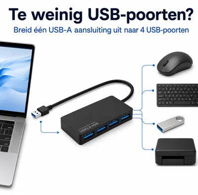 Productafbeelding van DrPhone SplitPort USB Hub – 4 Poorten – 4× USB 3.0 – USB-A Splitter – Zwart –