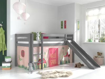 Produktbild von Vipack Spielbett Pino inkl. Rutsche mit Textilset Vorhang "Spring"