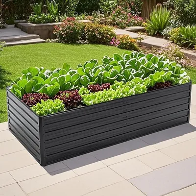 Produktbild von Hochbeet Metall Pflanzbeet, rechteckig Gemüsebeet aus verzinktem Stahl, Gartenbeet Pflanzkasten Pflanzkasten Blumenkasten für Garten & Terrasse, 220x112x64cm, Anthrazit