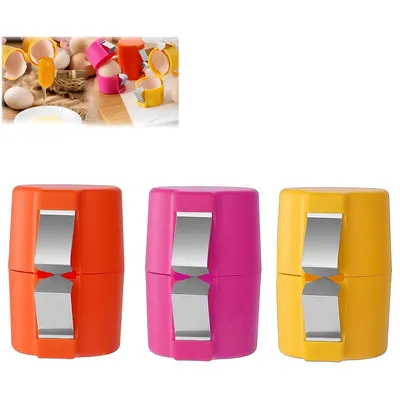 Three colorful egg openers are displayed against a white background, with a smaller inset image showing eggshells and egg yolks.