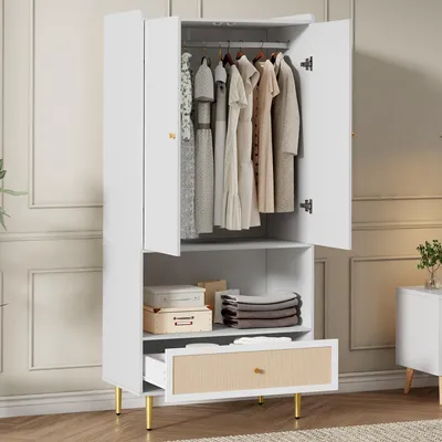Produktbild von MODFU Schlafzimmerschrank 80x48x175 cm Kommode mit Schubladen,Aufbewahrungsschrank mit Metallbeinen und Griffen,Schubladenschrank mit Stauraum,Weiß
