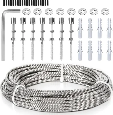 Produktbild von Hengda 12M Rankhilfe Edelstahl Unterstützung für Kletterpflanzen, komplettes Drahtseil Stahlseil Set mit Wandhalterung und Seildurchmesser 3 mm