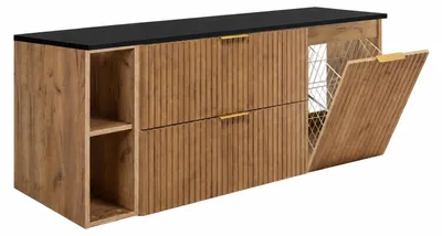 Productafbeelding van Badmeubelset met wasmand, eikenhout Craft / mat zwart / zwarte handgrepen, 140 x 57 x 46 cm, AI-gegenereerde afbeelding