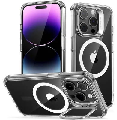 Image de Coque de protection pour iPhone 14 Pro, compatible MagSafe, avec support intégré, protection conforme aux normes militaires, dos résistant aux rayures, transparente