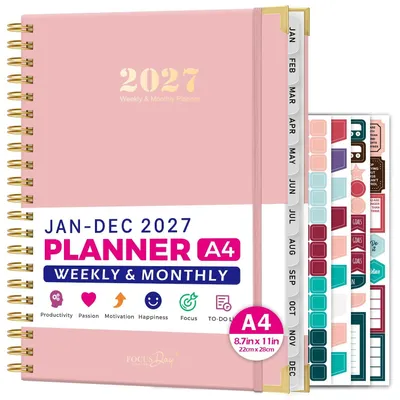 Imagen del producto de Agenda 2027, formato A4, con resumen semanal y adhesivos