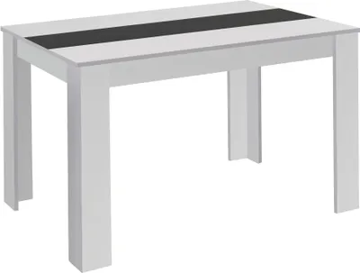 A white dining table with a black stripe on the surface, shown from a slightly elevated side angle against a white background.