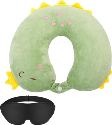 Imagen del producto de Almohada de viaje para el cuello con diseño de dinosaurio, de 30 x 30 cm, con antifaz para niños y adultos