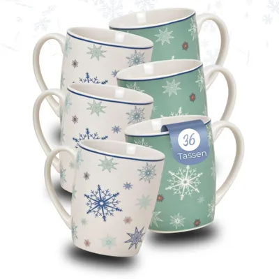 Produktbild von Weihnachtstassen 36 Stk. Karton Schneeflocken türkis blau