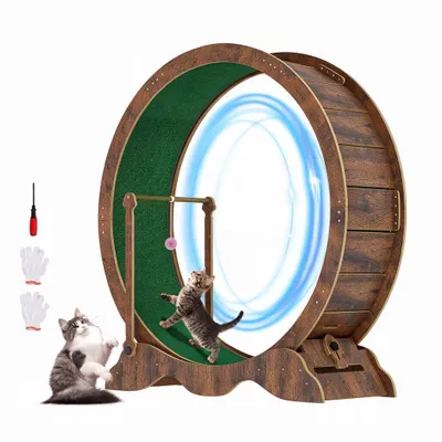 Produktbild von Leises Katzenlaufrad für Wohnungskatzen 115 cm, Extra Breite 37 cm Lauffläche aus Holzwerkstoff, für Katzen bis 20 kg, mit Katzenspielzeugball, Braun