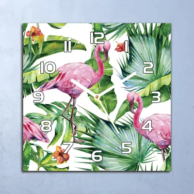 Produktbild von Deko Glasuhr Wanduhr 30x30 Flamingo Tropische Pflanzen Quarz Küchenuhr Bürouhr