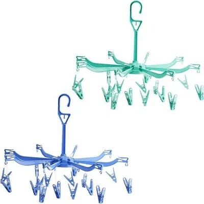 Imagen del producto de Perchero plegable para ropa con 16 pinzas, color azul/verde, giratorio 360°