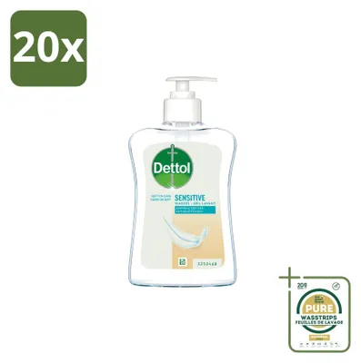 Image de 20 flacons de savon pour les mains Dettol, formule pour peaux sensibles - Doux et hydratant - 250 ml - Pack économique - 20 pièces