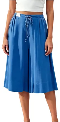 Produktbild von ASKSA Damen 3/4 Leinenhose Weites Bein Caprihose Sommer Palazzo Hosen Elegant Casual Leicht Freizeithose mit Taschen (Blau,L)