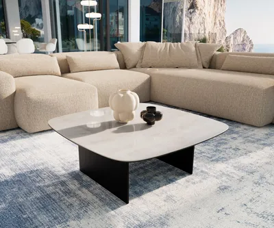 Produktbild von DELIFE Couchtisch Edge Boot 90x90 cm Keramik Onyx Champagne Salto Metall Schwarz