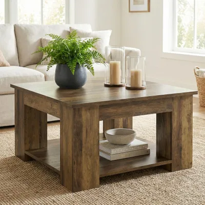 Image de Table basse Tribesigns, 80 cm, table de salon avec rangement à deux niveaux, style rustique, carrée, pour le salon ou le bureau à domicile, marron