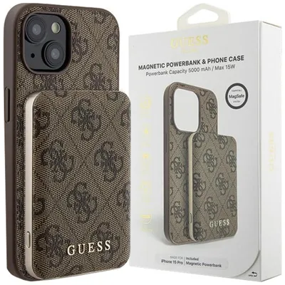 Zdjęcie produktu dla Zestaw Guess 4G Metal Logo do iPhone 15 brązowy