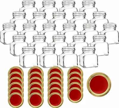 Produktbild von gouveo 24er Set Einmachgläser 120 ml eckig Schraubverschluss rot-gold - Vorratsglas mit Deckel für Marmelade, Gewürze