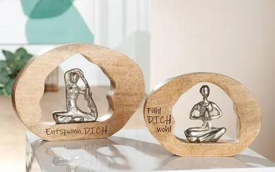 Imagen del producto de Gilde Skulptur, oval, Entspannung, Spruch, Yogamotiv, Aluminium, Holz, naturfarben, silberfarben, VE 3 Höhe: 15.50 cm Breite: 22.00 cm Tiefe: 4.00cm 51771