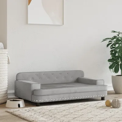 A pet sofa is placed on a rug in a room with a white wall and a plant in a pot.