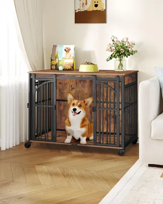Imagen del producto de Jaula para perros, estilo vintage, color marrón, dimensiones 55x95x67,5 cm, fabricada en hierro, para uso en interiores