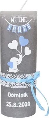Produktbild von Taufkerze Jungen Rustic Elefant 190 x 68 mm mit individueller Namensverzierung aus hochwertigen Wachsbuchstaben und Sichtkarton