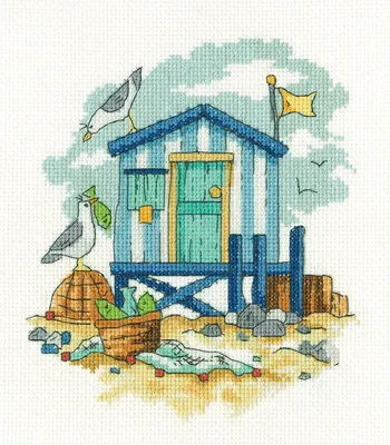 Image de Heritage Kit de broderie au point de croix "Cabane de plage bleue (A)", patron à compter, BHBL1745, 15x17cm