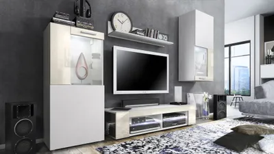 Produktbild von Vladon Wohnwand Movie, Anbauwand bestehend aus 1 TV-Board, 2 Vitrinen und 1 Regal, Weiß matt/Weiß matt/Creme Hochglanz, inkl. LED-Beleuchtung in weiß (Gesamt: 300 x 190 x 39 cm)