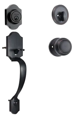 Produktbild von VEVOR Haustürgriff- und Schloss-Set, Satin Nickel Haustürschloss-Set mit Innenknopf, einstellbare Lochabstände für einzylinderige Türbeschläge, für rechts- und linkshändige Eingänge und Haustüren, Gebürstetes ölgeriebenes Bronze