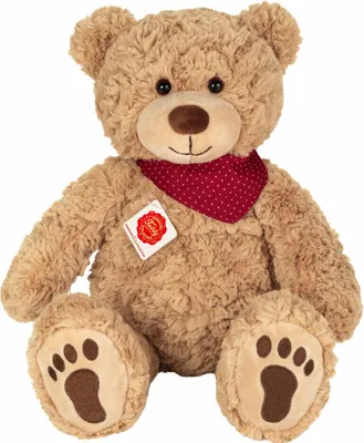 A teddy bear sitting on a white background.