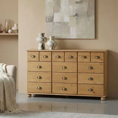 Produktbild von Schubladenschrank COLMAR, Gebeizt - Apothekerkommode mit Muschelgriffen aus Metall, 12 Schubladen für Stauraum, Sideboard im Landhausstil, Kiefer Massivholz