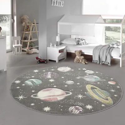 Produktbild von Kinderteppich Weltraum Lernteppich mit Sternen und Planeten in pastell grau Größe - 120 cm Rund