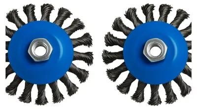 Produktbild von 2 Kegelbürsten Ø 115 mm aus gezopftem Stahldraht für Winkelschleifer mit M14 Gewinde, geeignet zum Entrosten, Reinigen und Entfernen von Unkraut auf Stein und Metall
