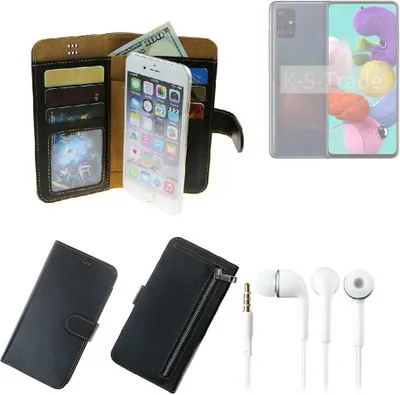 Produktbild von TOP SET Handy Hülle Schutz Hülle kompatibel mit Samsung Galaxy A51  schwarz aus Kunstleder + Kopfhörer Smartphone Tasche vollwertige Geldbörse