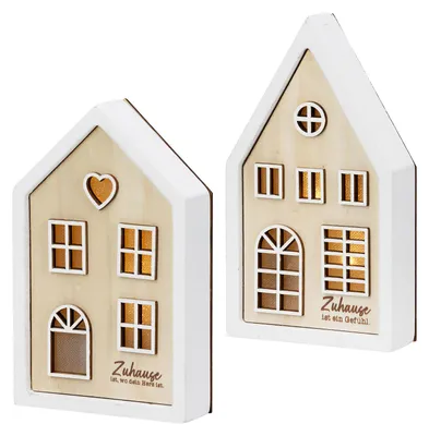 Produktbild von Gilde Dekoobjekt (LED), Haus, "Zuhause", Spruch, Holz, naturfarben, VE 6, 2 Stück wie abgebildet, L. 4 cm, B. 10 cm, H. 18 cm 58101