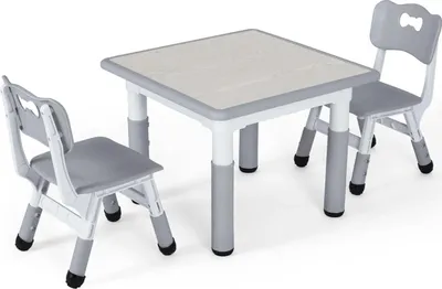 Produktbild von Kindertisch mit 2 Stühlen - Kindermöbel Set - Höhenverstellbar - Quadratisch 60x60 cm - Für Kinder 3–8 Jahre - Kunststoff - Hellgrau