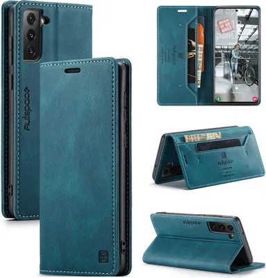 Immagine prodotto di Samsung Galaxy S21 FE 5G Case, Retro Custodia in Finto cuoio, Stand e Custodia protettiva per Samsung Galaxy S21 FE 5G Blu