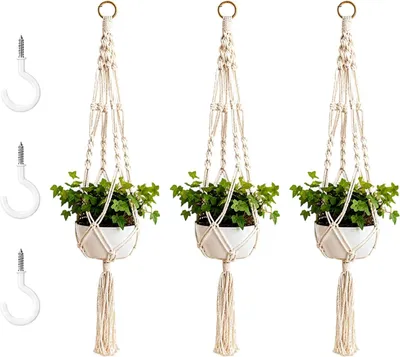 Produktbild von Sträucher & Bäume 3-teiliges Makramee-Pflanzenhänger-Set, weiße Makramee-Pflanzenhänger mit Haken, Boho-Dekor für Innenräume