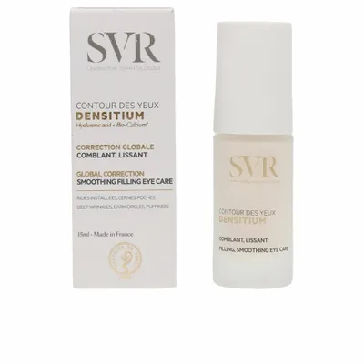 A product shot of SVR Densitium eye cream and its packaging.