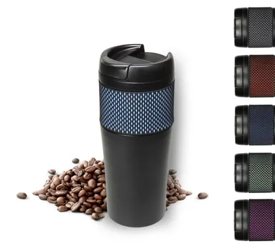 Produktbild von Thermobecher 'Temptation' groß - Kaffeebecher to go doppelwandig - Edelstahl Vakuumbecher mit Manschette - 500ml to go Becher - schwarz/hellblau
