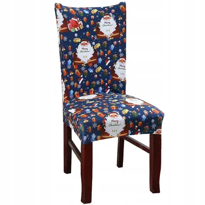 Produktbild von KRUMAD Weihnachts-Stuhlhusse 1 Stück – Elastischer Stuhlbezug Weihnachten in Blau mit Santa & Schneeflocken – Waschbar, Wiederverwendbar & Dekorativ